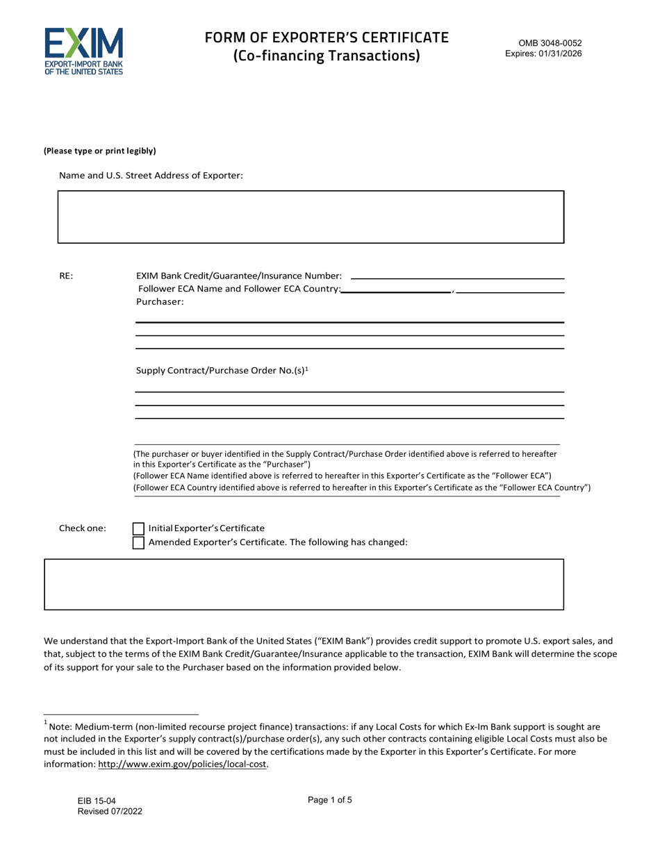 EIB Form 15-04 Form of Exporters Certificate (Co-financing Transactions), Page 1