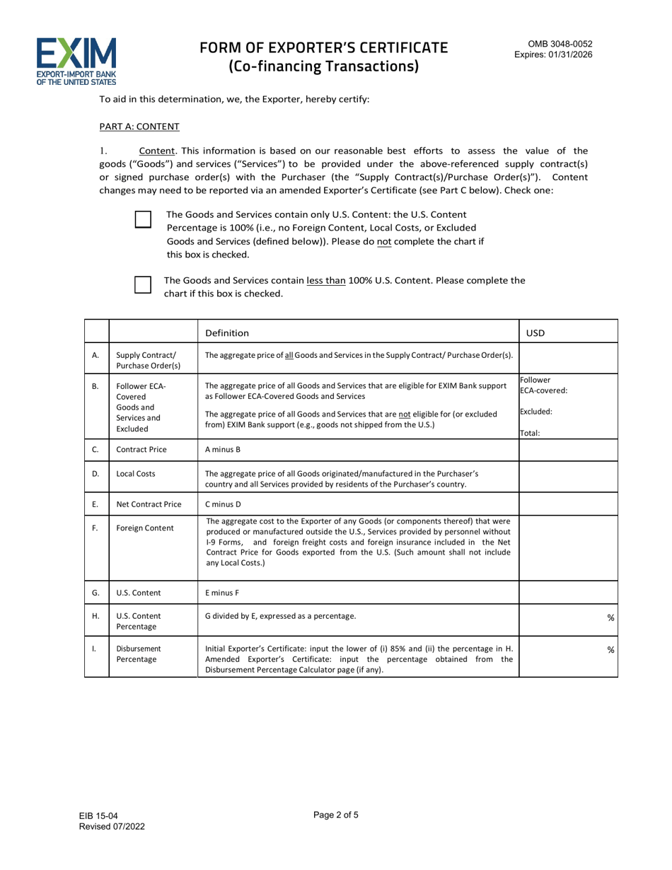 EIB Form 15-04 Form of Exporters Certificate (Co-financing Transactions), Page 2