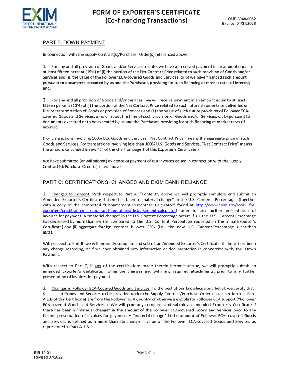 EIB Form 15-04 Form of Exporters Certificate (Co-financing Transactions), Page 3
