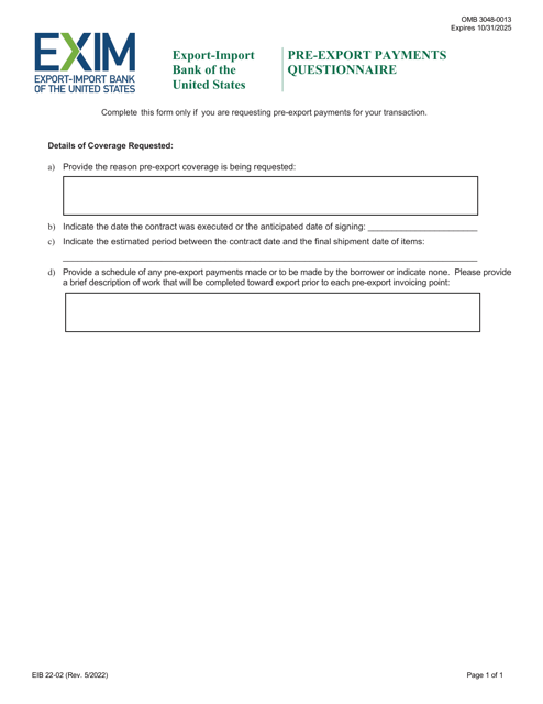 EIB Form 22-02 Pre-export Payments Questionnaire