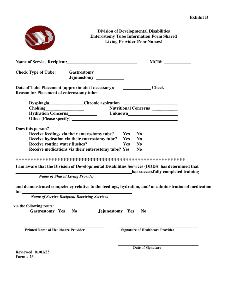 Form 26 Exhibit B Enterostomy Tube Information Form Shared Living Provider (Non-nurses) - Delaware, Page 1