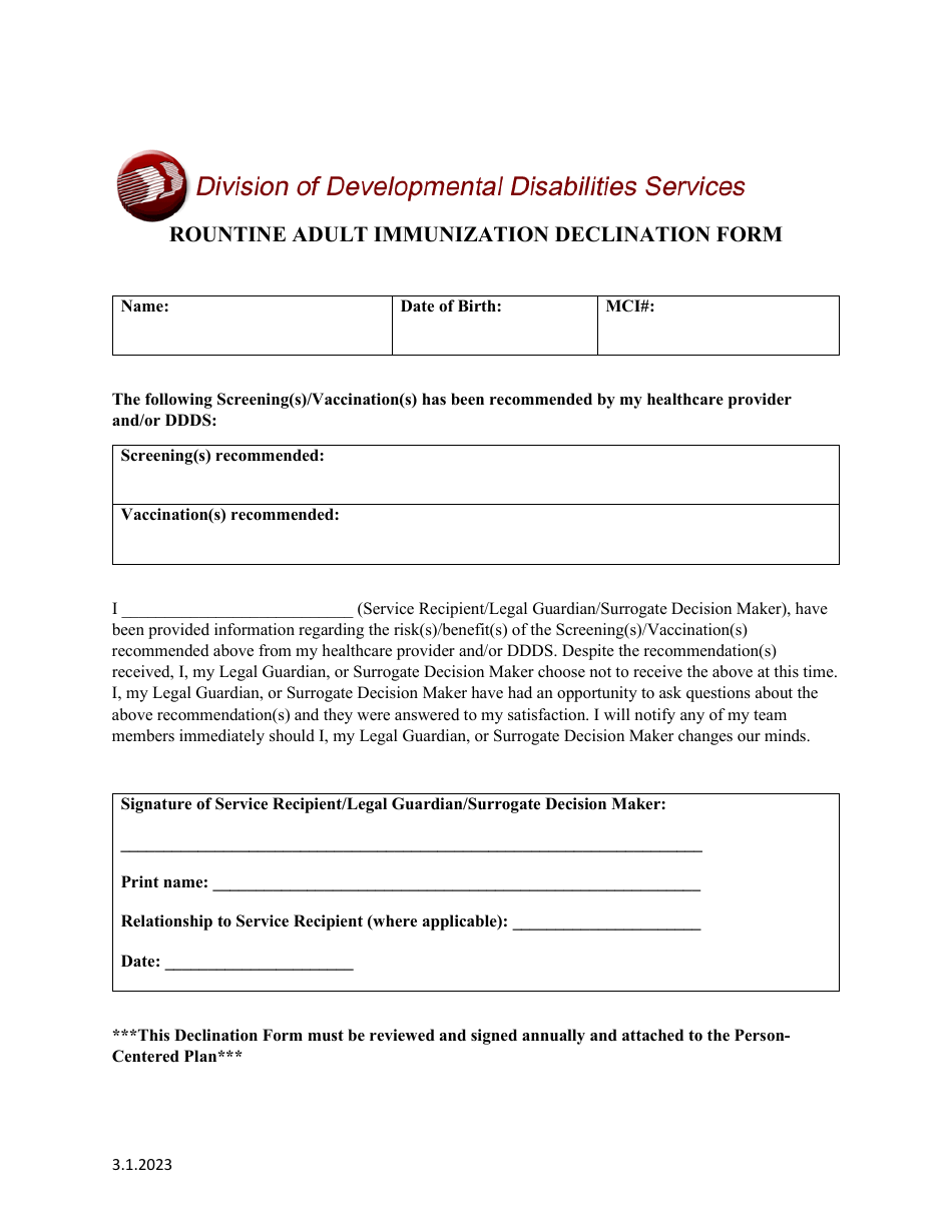 Rountine Adult Immunization Declination Form - Delaware, Page 1