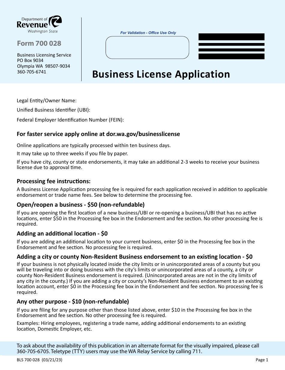 Form BLS700 028 Business License Application - Washington, Page 1
