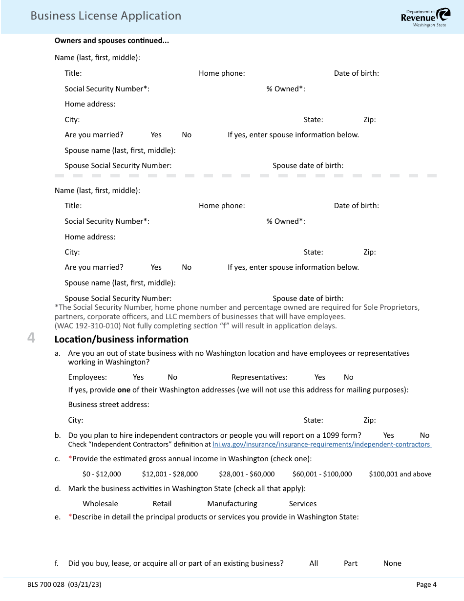 Form BLS700 028 Business License Application - Washington, Page 4