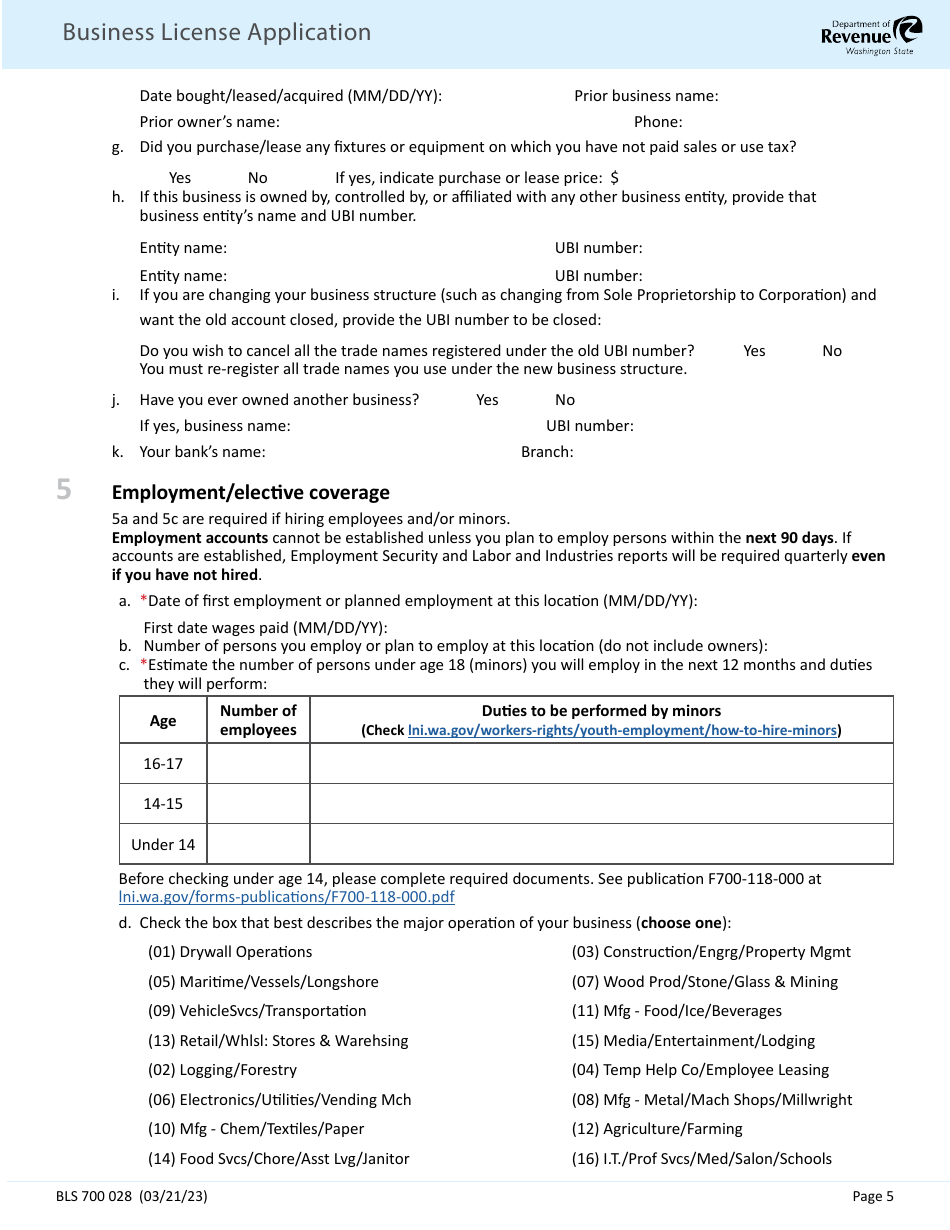 Form BLS700 028 Business License Application - Washington, Page 5