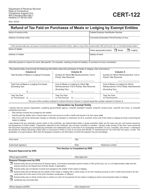 Form CERT-122 Refund of Tax Paid on Purchases of Meals or Lodging by Exempt Entities - Connecticut