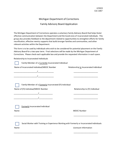 Form CAJ-1067 Family Advisory Board Application - Michigan