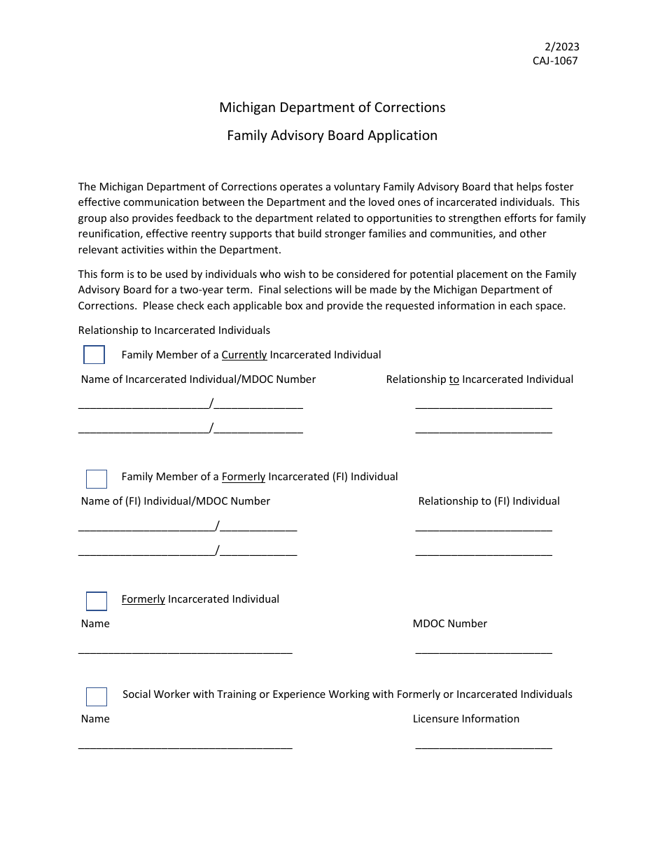 Form CAJ-1067 Family Advisory Board Application - Michigan, Page 1