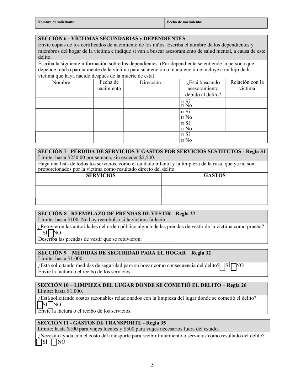 Solicitud De Programa De Indemnizacion a Victimas De Delitos (Cvcp) - Washington, D.C. (Spanish), Page 5