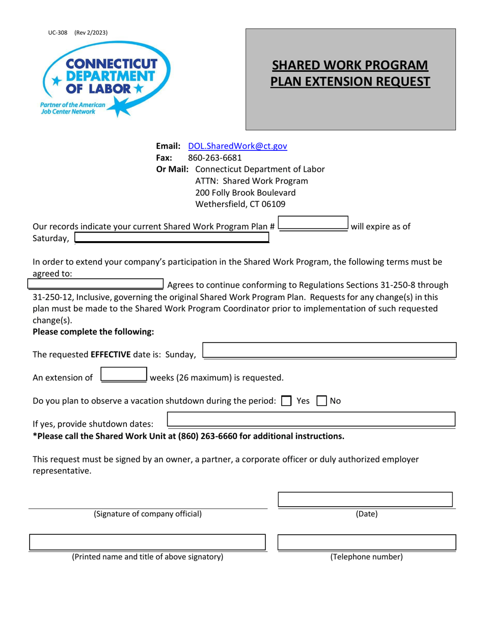 Form UC-308 Plan Extension Request - Shared Work Program - Connecticut, Page 1