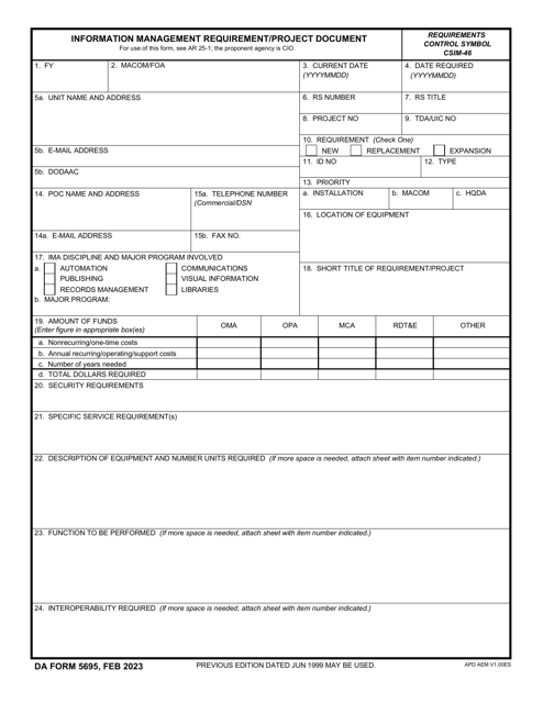DA Form 5695 Information Management Requirement/Project Document