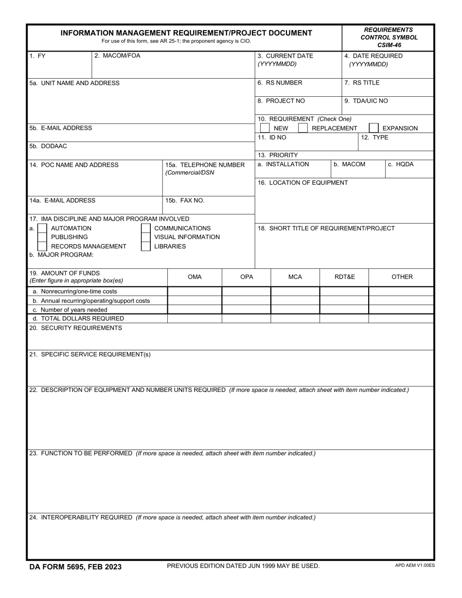 DA Form 5695 Information Management Requirement / Project Document, Page 1
