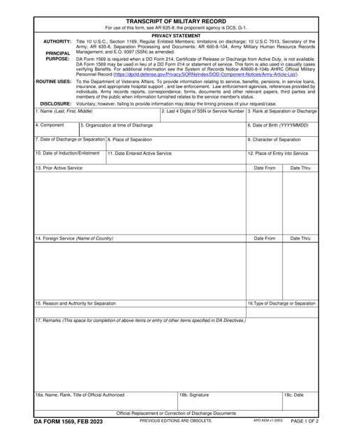 DA Form 1569  Printable Pdf