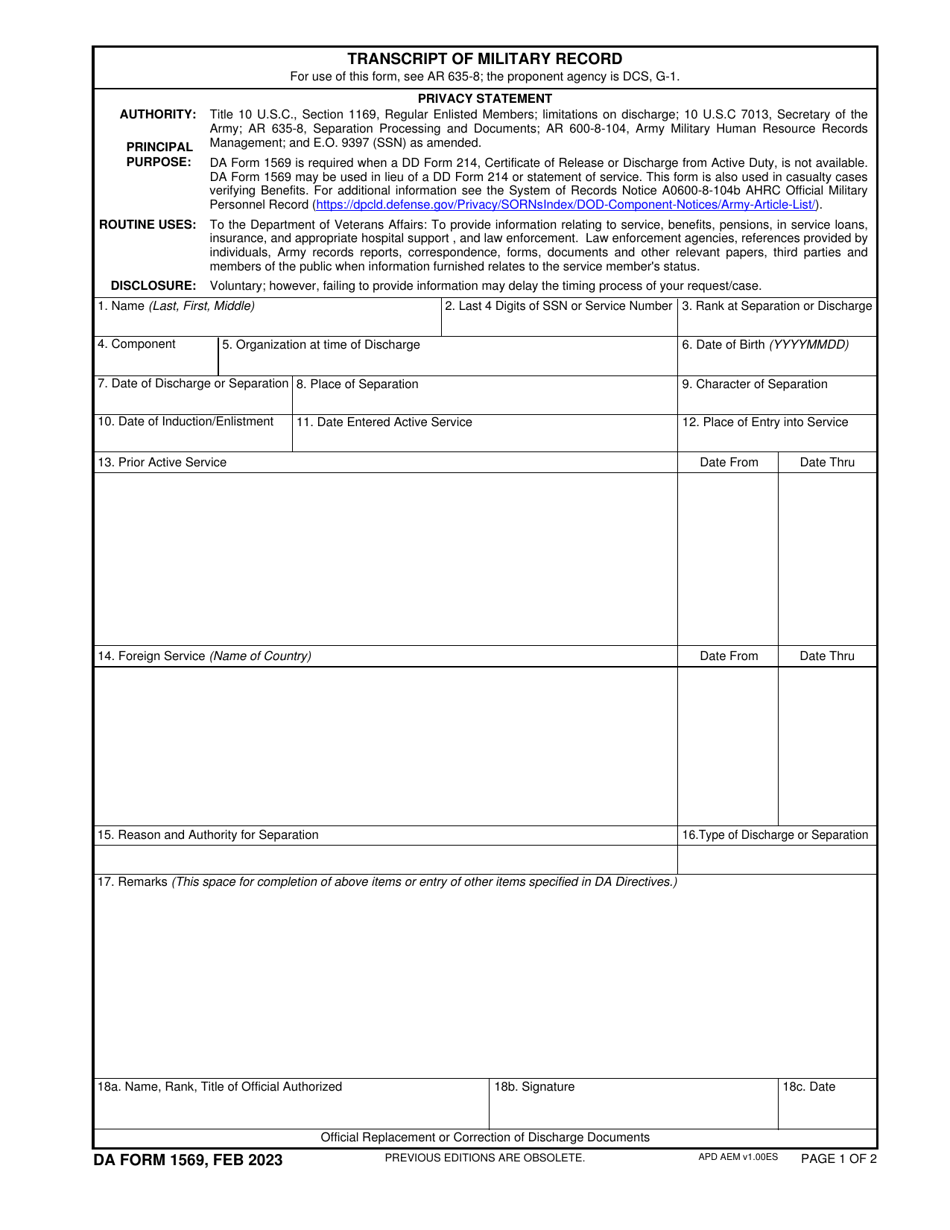 DA Form 1569 Transcript of Military Record, Page 1