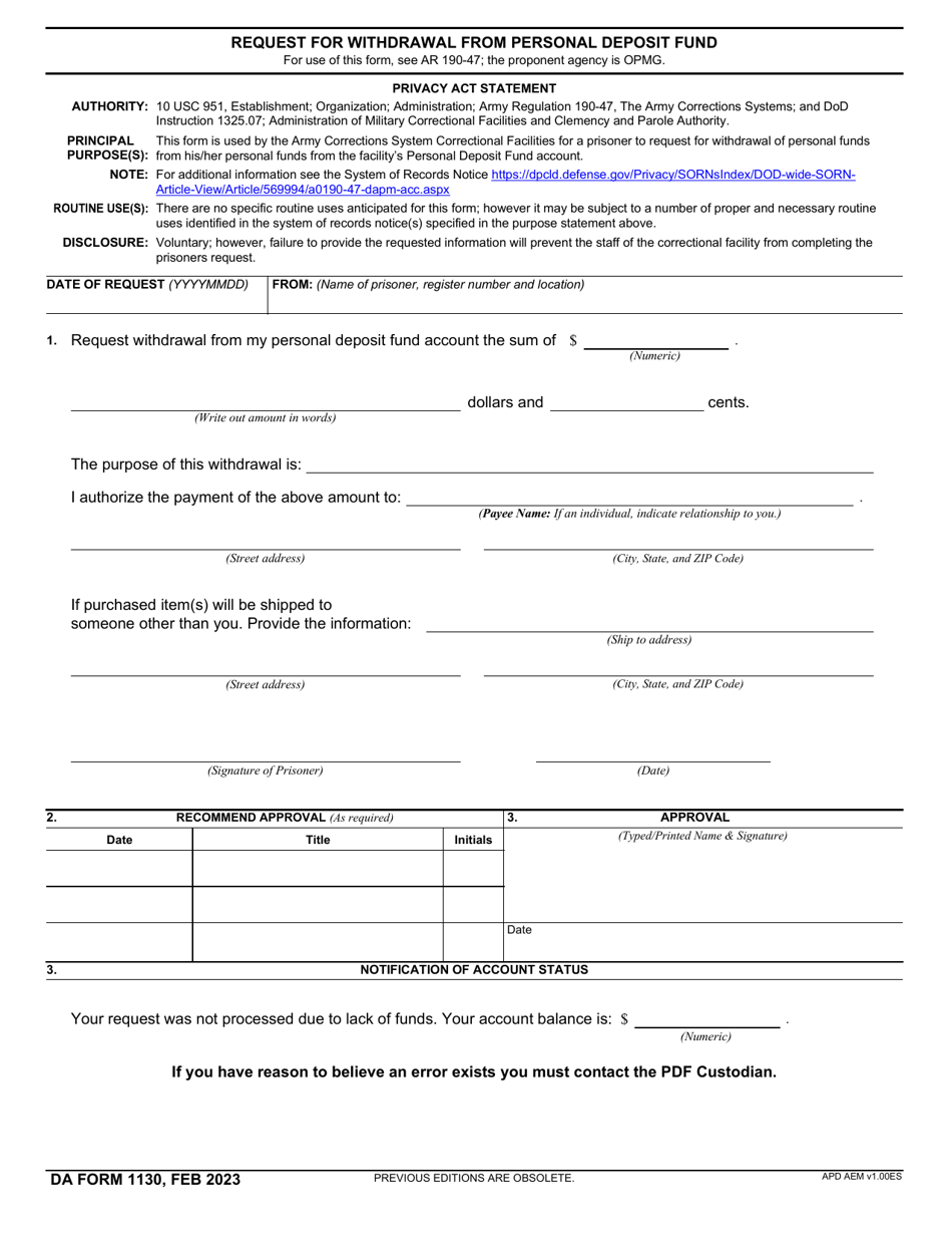 DA Form 1130 - Fill Out, Sign Online and Download Fillable PDF ...