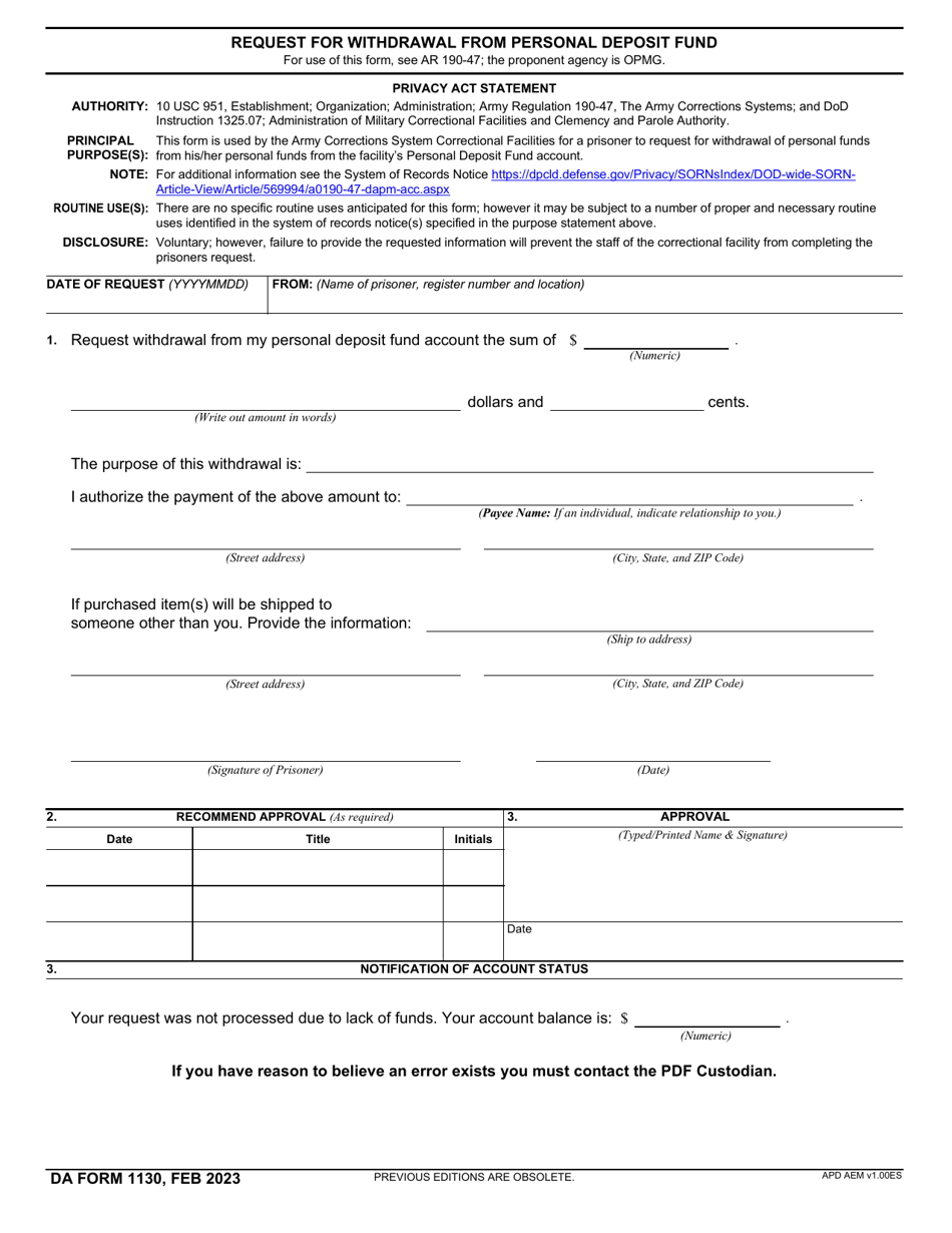 DA Form 1130 Request for Withdrawal From Personal Deposit Fund, Page 1