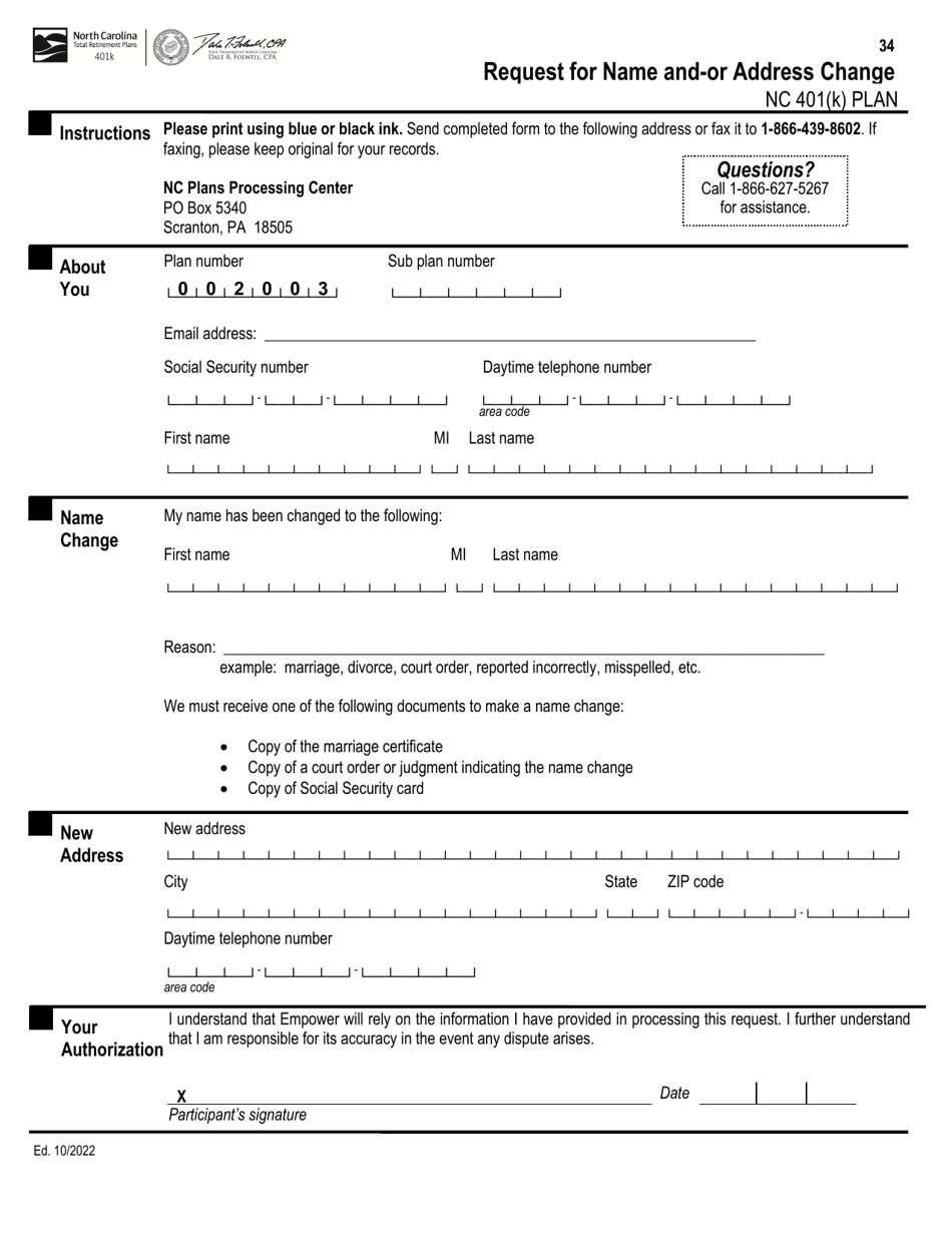 Request for Name and-Or Address Change - Nc 401(K) Plan - North Carolina, Page 1