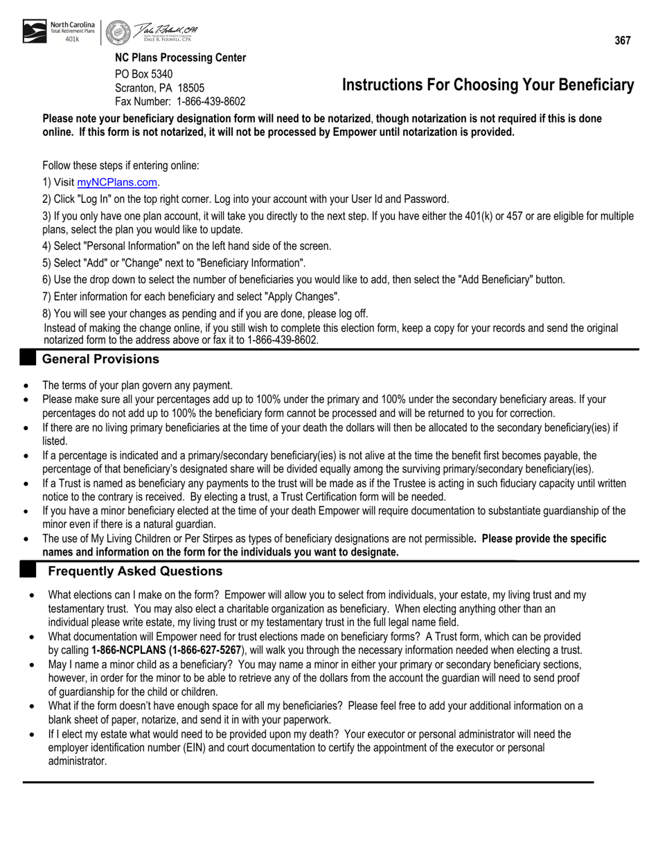 Beneficiary Designation Form - Nc 401(K) Plan - North Carolina, Page 1