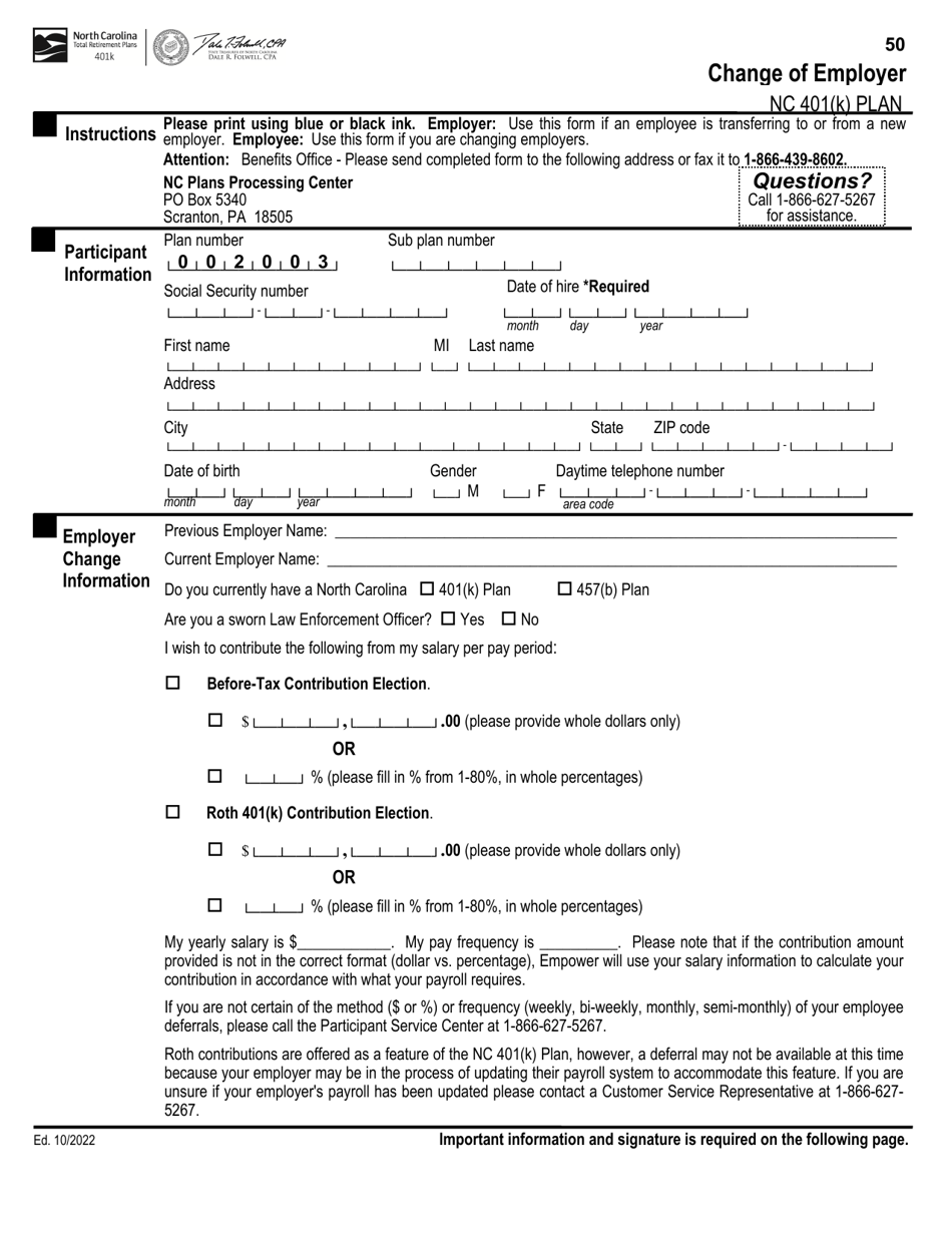 Change of Employer - Nc 401(K) Plan - North Carolina, Page 1