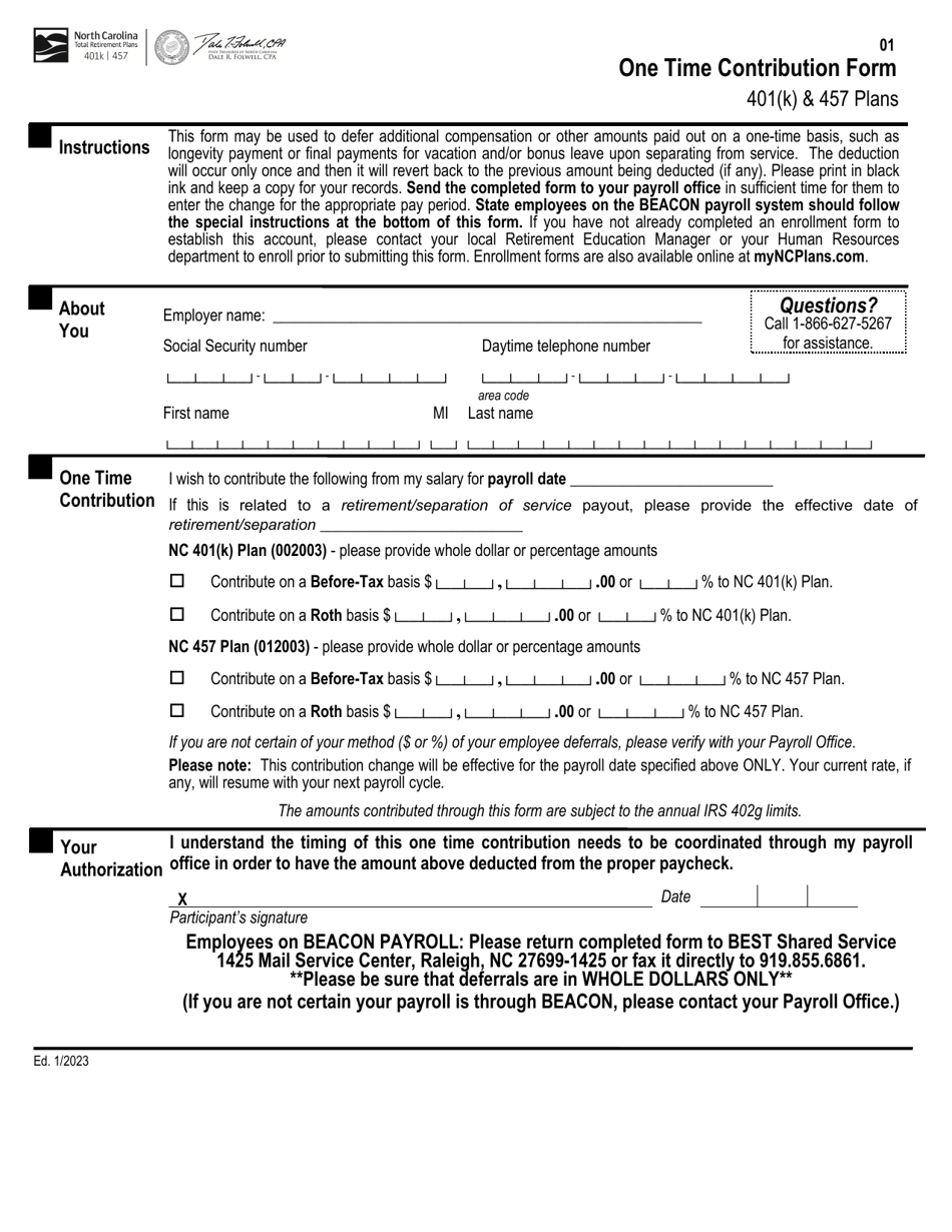 One Time Contribution Form - 401(K)  457 Plans - North Carolina, Page 1