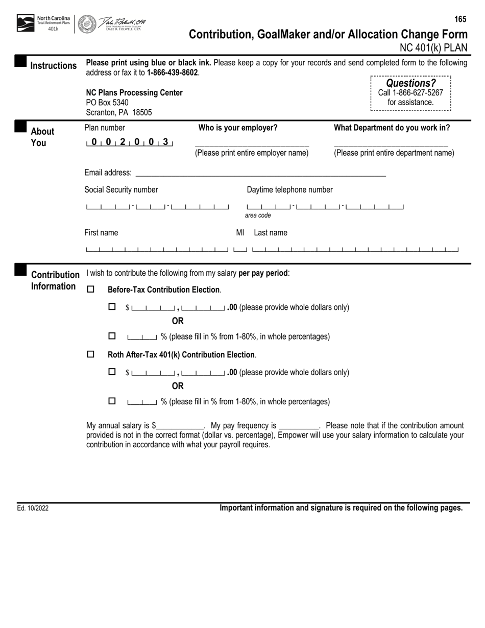 Contribution, Goalmaker and/or Allocation Change Form - Nc 401(K) Plan - North Carolina, Page 1