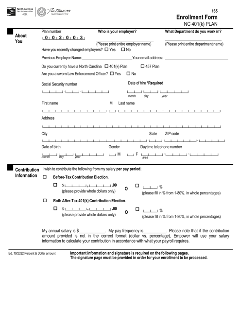 Enrollment Form - Nc 401(K) Plan - North Carolina Download Pdf