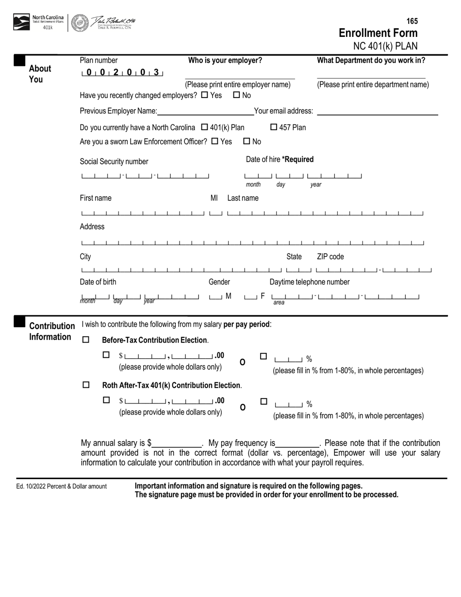 Enrollment Form - Nc 401(K) Plan - North Carolina, Page 1