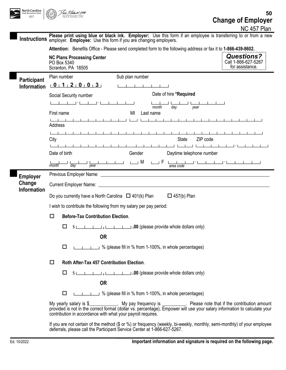 Change of Employer - Nc 457 Plan - North Carolina, Page 1