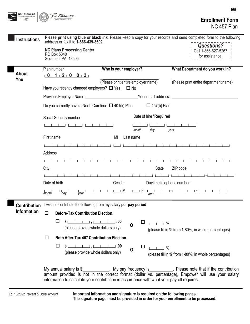 Enrollment Form - Nc 457 Plan - North Carolina, Page 1