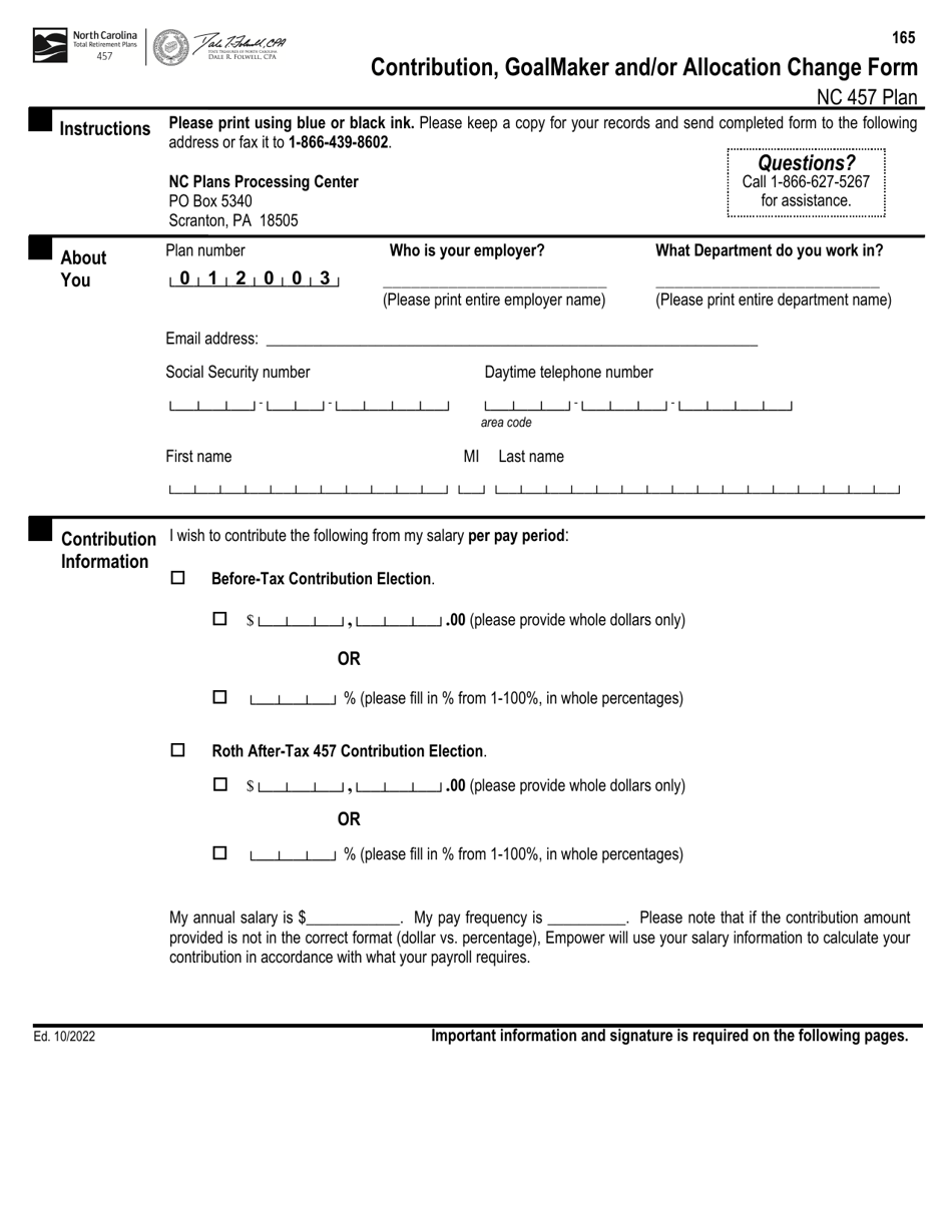 Contribution, Goalmaker and / or Allocation Change Form - North Carolina, Page 1