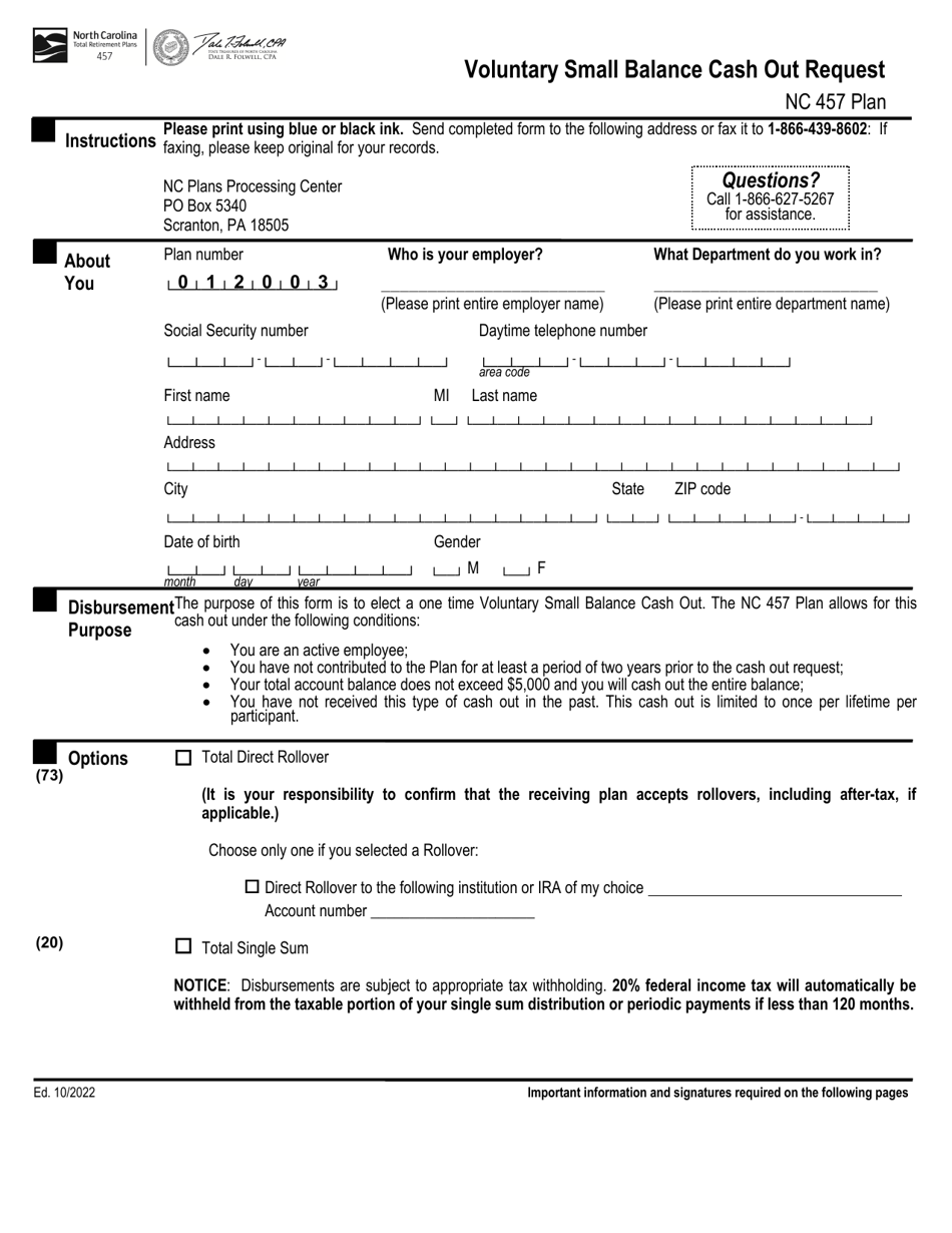 Voluntary Small Balance Cash out Request - Nc 457 Plan - North Carolina, Page 1