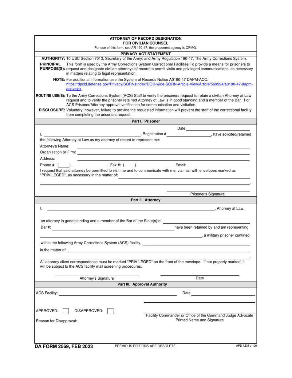 DA Form 2569 Attorney of Record Designation for Civilian Counsel, Page 1