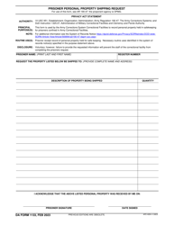 Document preview: DA Form 1133 Prisoner Personal Property Shipping Request