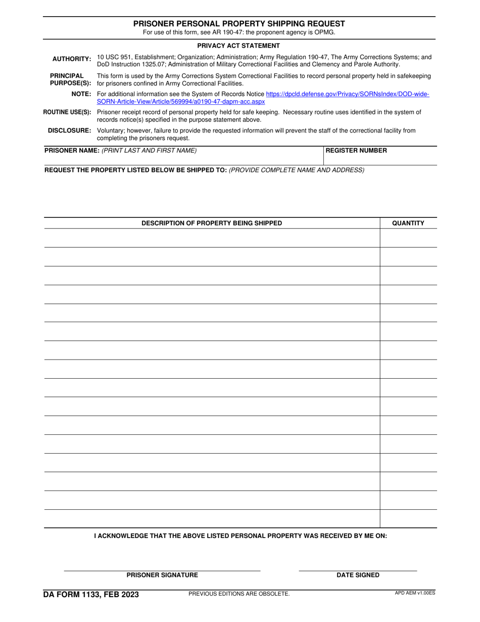 DA Form 1133 Prisoner Personal Property Shipping Request, Page 1