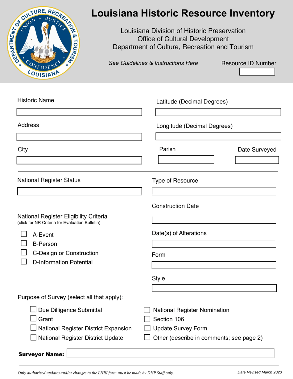 Louisiana Louisiana Historic Resource Inventory Download Fillable PDF ...