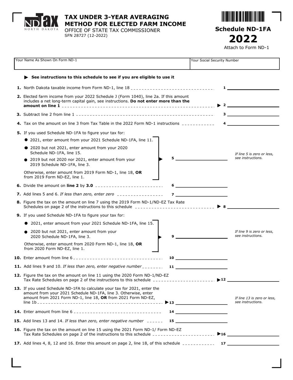 Form SFN28727 Tax Under 3-year Averaging Method for Elected Farm Income - North Dakota, Page 1