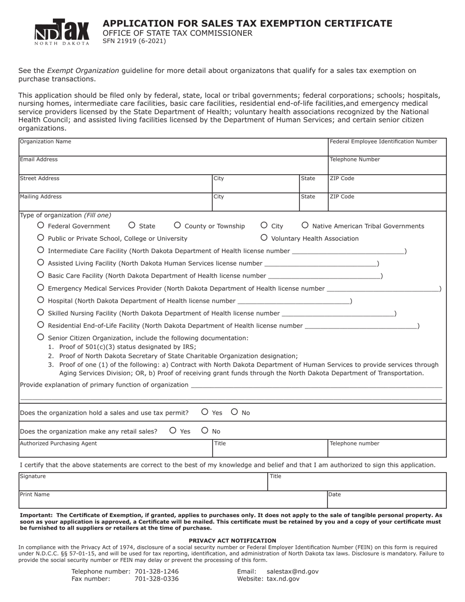 Form SFN21919 Application for Sales Tax Exemption Certificate - North Dakota, Page 1
