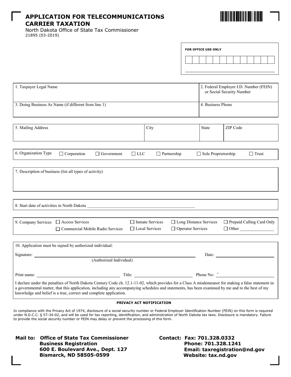 Form SFN21895 Application for Telecommunications Carrier Taxation - North Dakota, Page 1