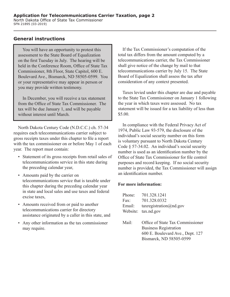 Form SFN21895 Application for Telecommunications Carrier Taxation - North Dakota, Page 2