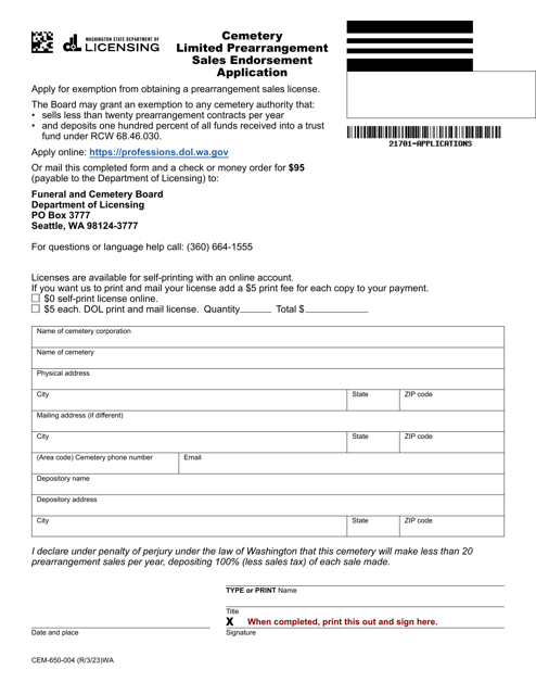 Form CEM-650-004 Cemetery Limited Prearrangement Sales Endorsement Application - Washington