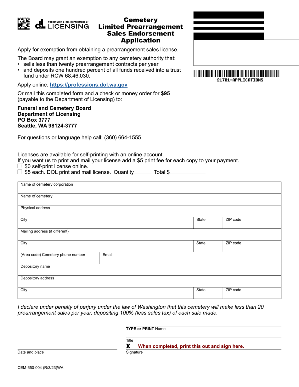 Form CEM-650-004 Cemetery Limited Prearrangement Sales Endorsement Application - Washington, Page 1
