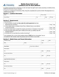 Document preview: Form TD-420-727 Mobile Home Park or Lot Landlord Lien for Rent Affidavit - Washington