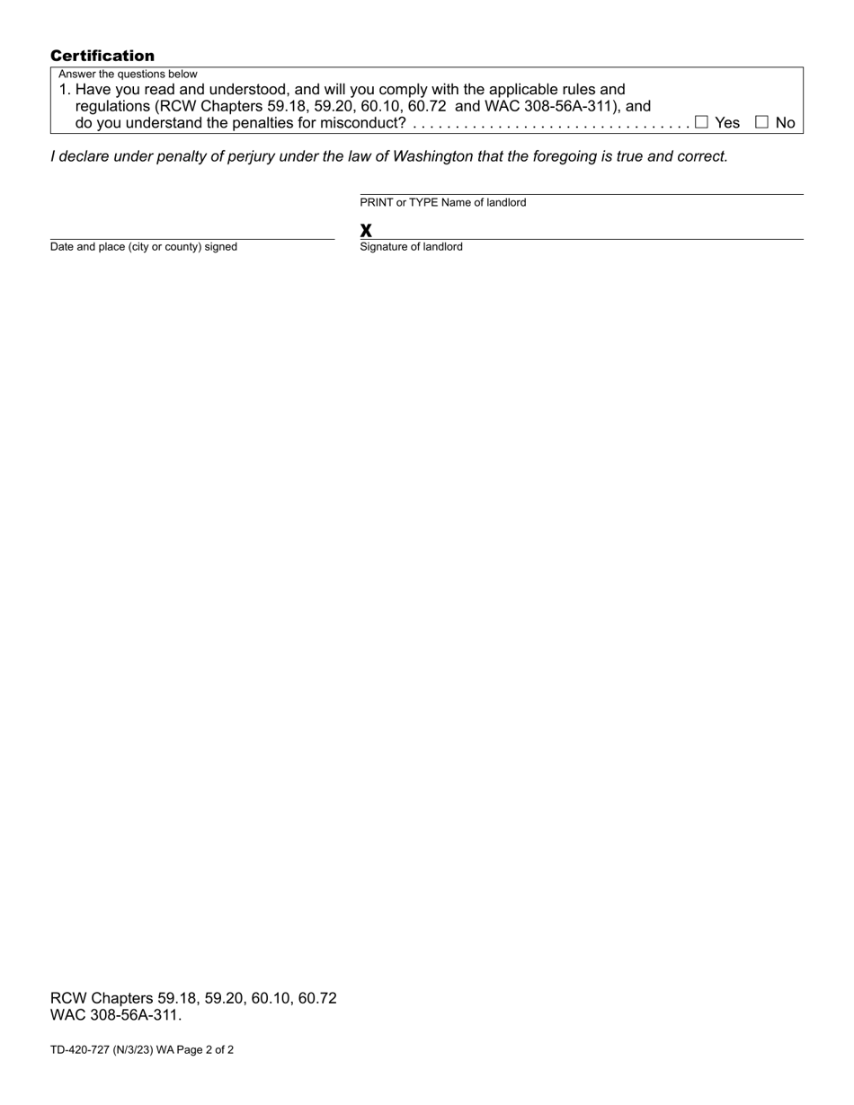 Form TD-420-727 Mobile Home Park or Lot Landlord Lien for Rent Affidavit - Washington, Page 2