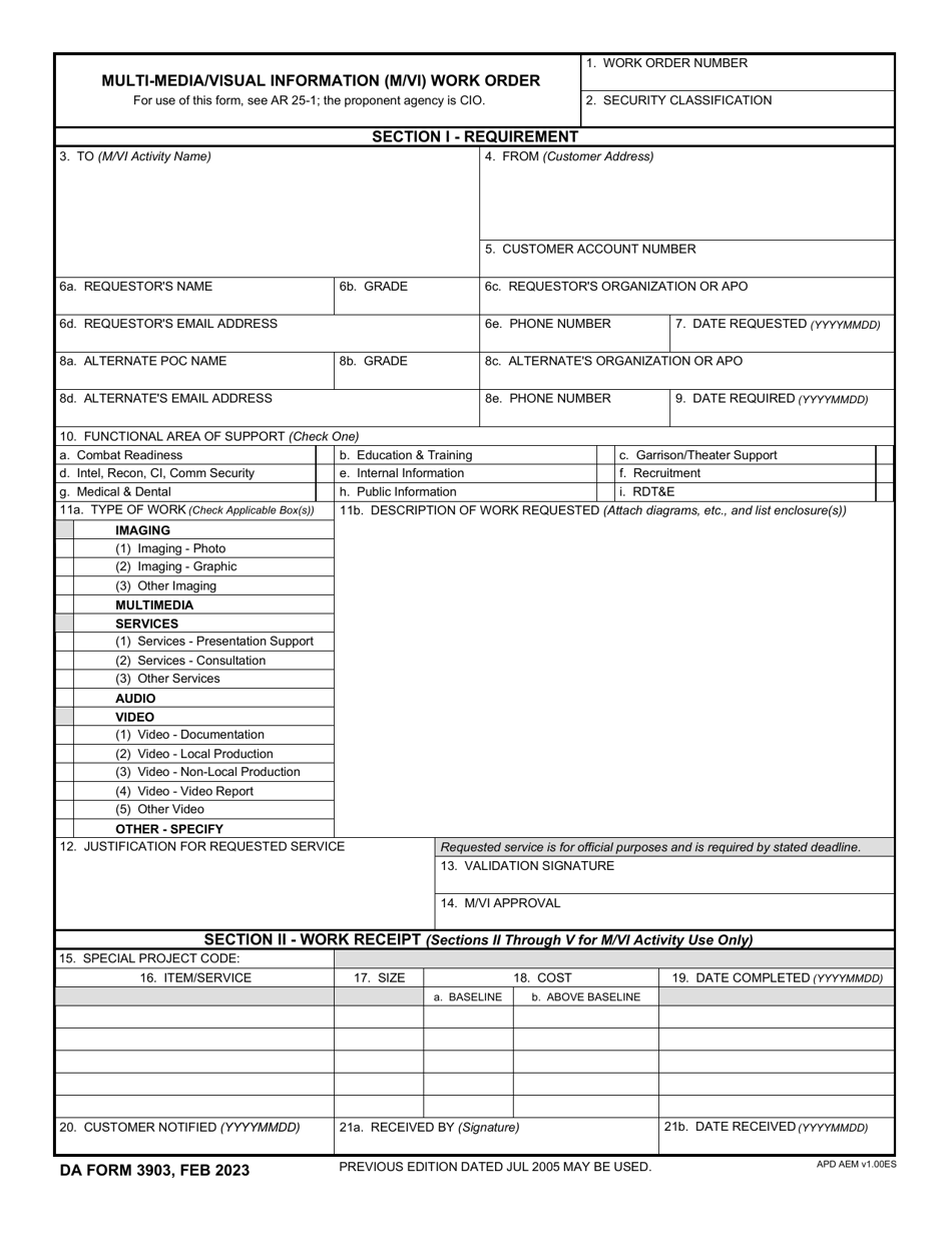 DA Form 3903 Multi-Media / Visual Information (M / VI) Work Order, Page 1