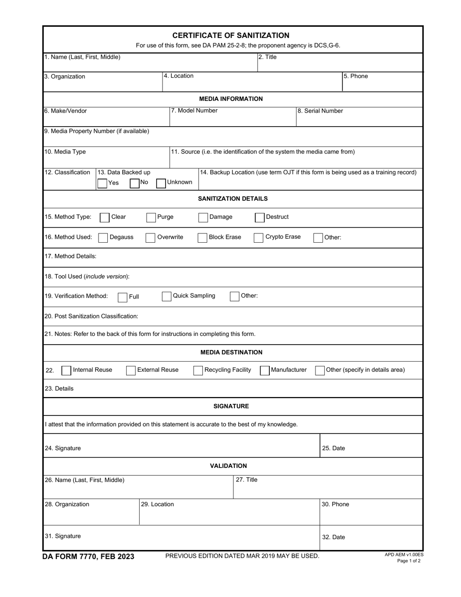 DA Form 7770 Certificate of Sanitization, Page 1