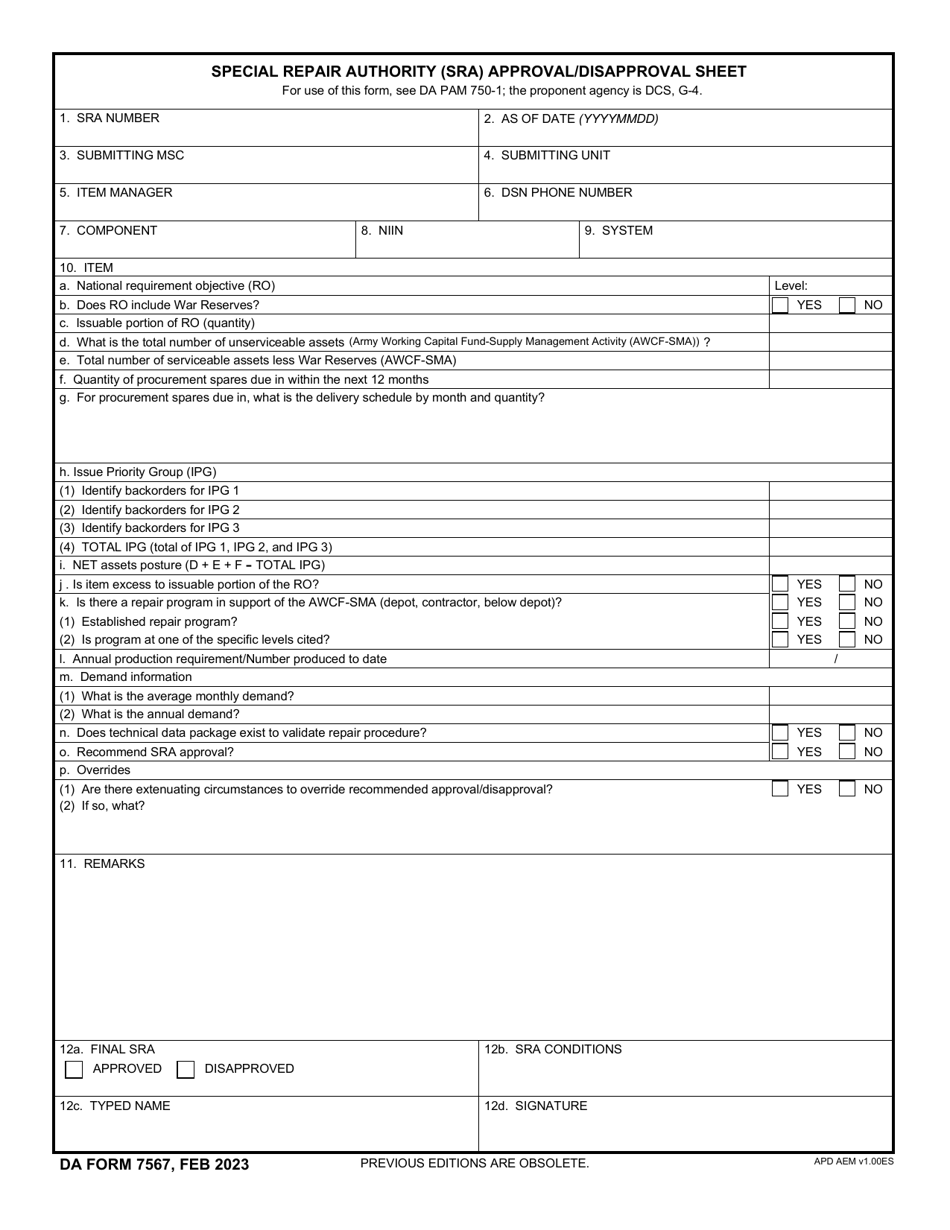 DA Form 7567 Download Fillable PDF or Fill Online Special Repair