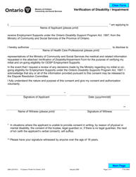 Form 2884 Verification of Disability/Impairment - Ontario, Canada, Page 2