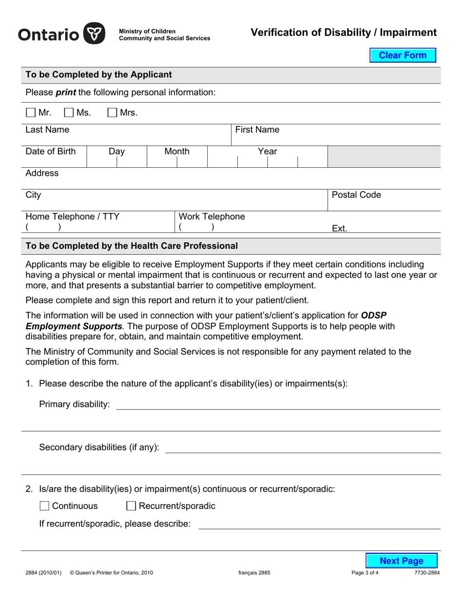 Form 2884 Verification of Disability / Impairment - Ontario, Canada, Page 3