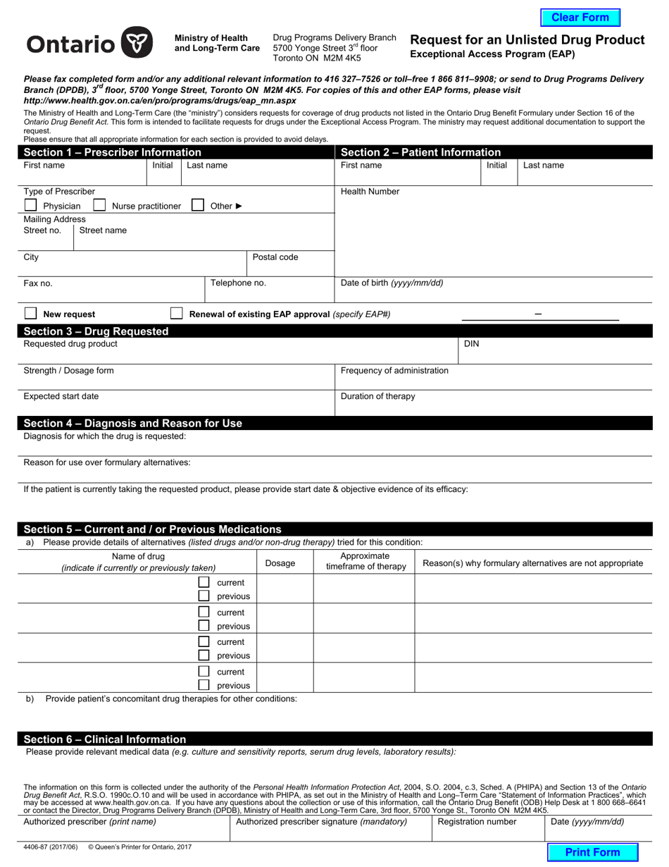 Form 4406-87 Request for an Unlisted Drug Product - Exceptional Access Program (Eap) - Ontario, Canada (English / French), Page 1