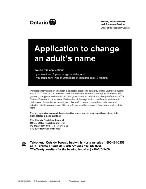 Form 11155E Application to Change an Adult&#039;s Name - Ontario, Canada